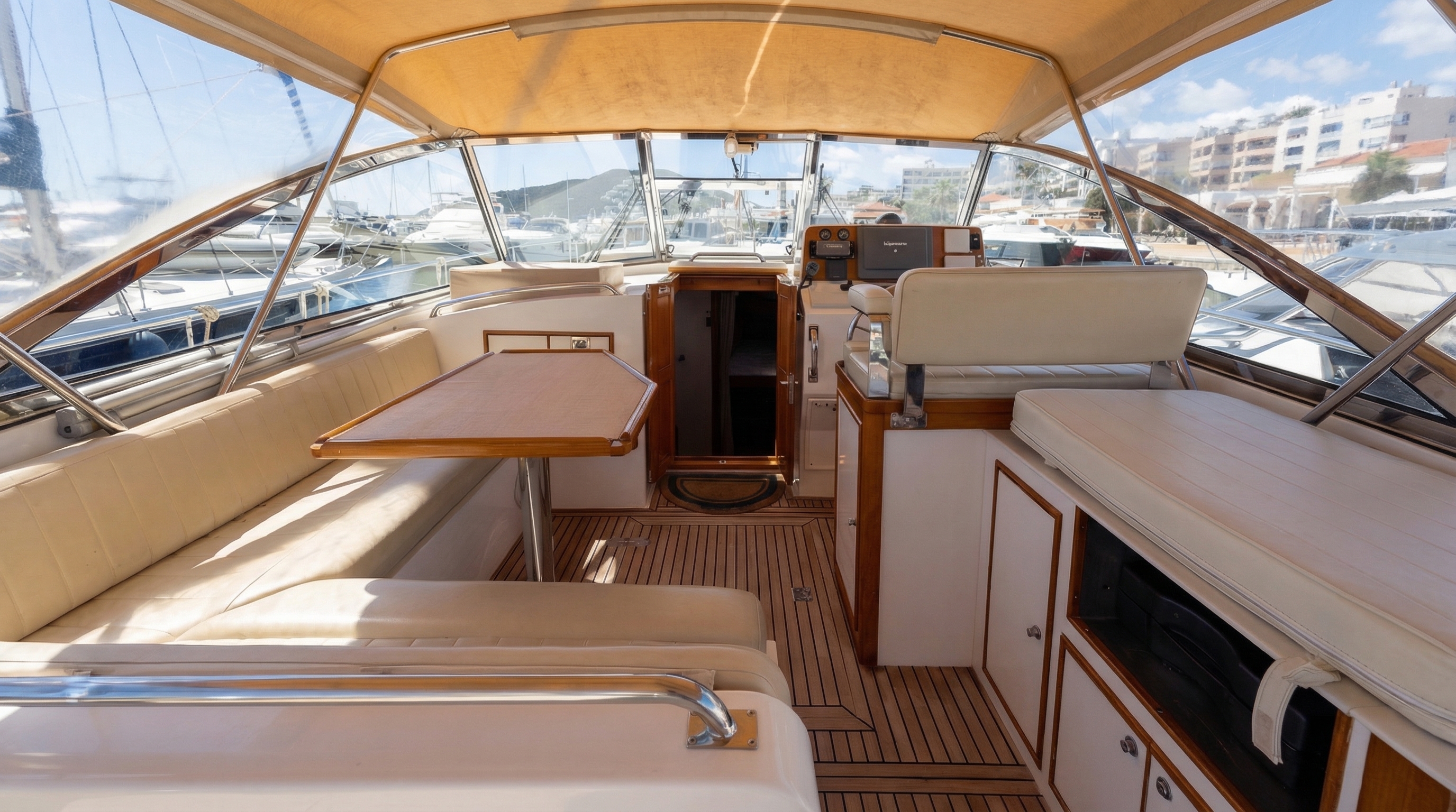 Classic teak cockpit and wood interior of a Grand Banks 38 Eastbay EX