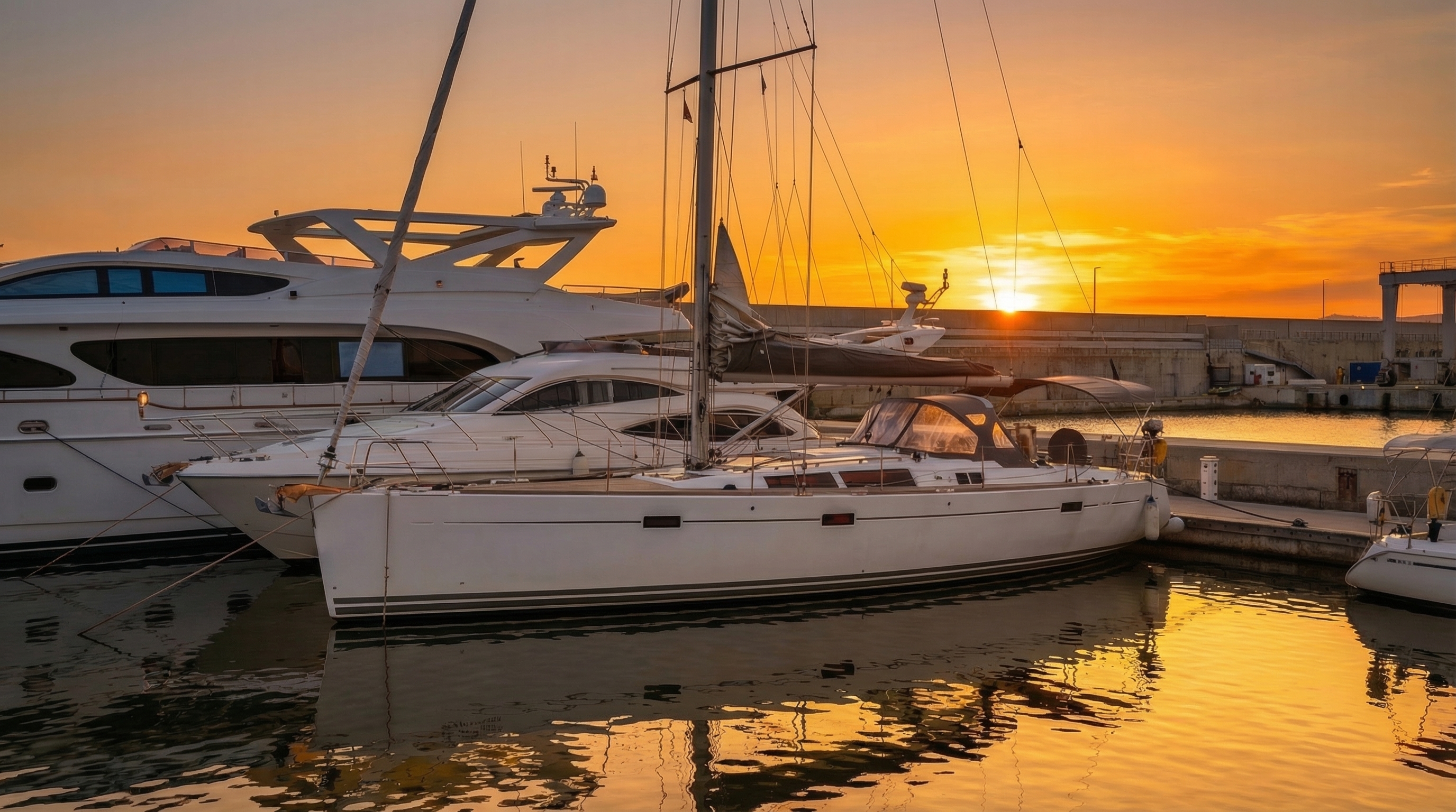 Hanse 470 sailing yacht moored at the Port of El Masnou at sunset